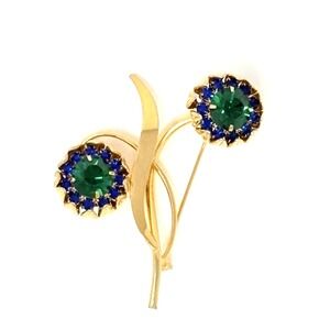 Vintage Green And Blue Rhinestone Goldtone Flower Brooch 2-1/2" Tall 2-3/8" Wide
